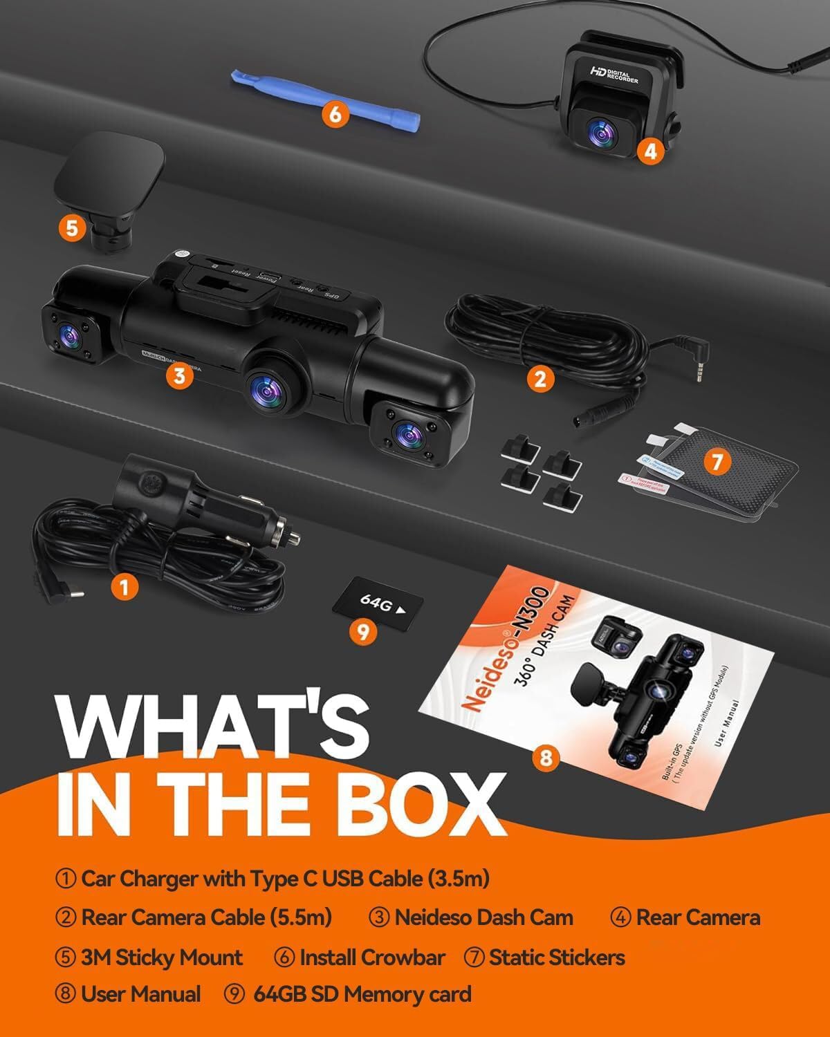 Neideso 360° Dash Cam Front and Rear Inside, 4 Channel FHD 4 * 1080P