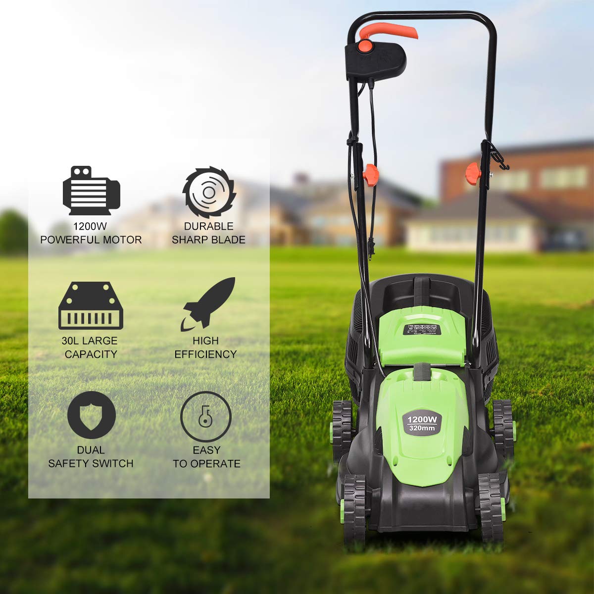 14-Inch 12 Amp Lawn Mower w/Grass Bag Folding Handle Electric Push Lawn Corded Mower