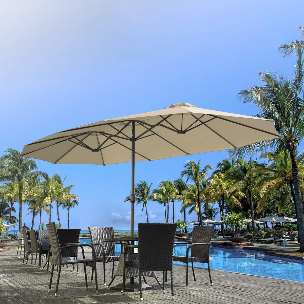 15ft Patio Umbrella with Solar Lights, Large Double Umbrella Outdoor, Rectangle 180''x106'' Umbrellas with 156 PCS LED Lights and Crank Handle for Backyard Deck Pool Shade in Black(1.9