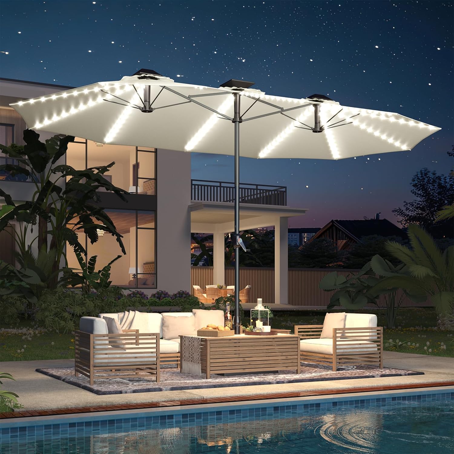 15ft Patio Umbrella with Solar Lights, Large Double Umbrella Outdoor, Rectangle 180''x106'' Umbrellas with 156 PCS LED Lights and Crank Handle for Backyard Deck Pool Shade in Black(1.9