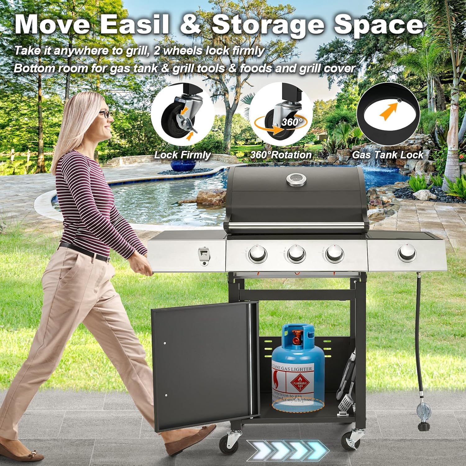 Upgraded 4 Burner BBQ Propane Gas Grill with Cast Iron Grates & Side Stove, 44,000 BTU Stainless Steel Burner Barbecue Grill for Patio, Camping, Outdoor Cooking.