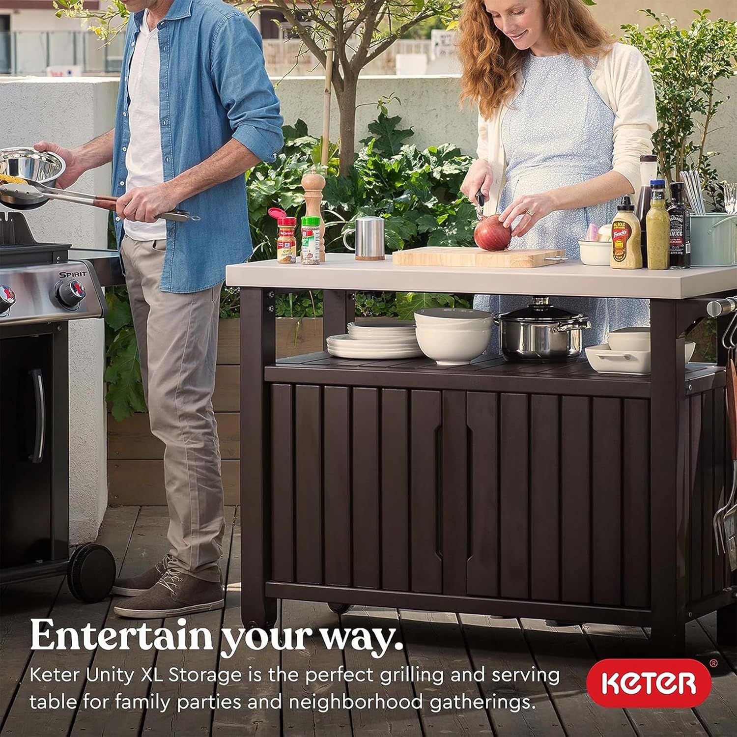 Keter Outdoor Rolling Table Cart for Food Prep, Storage, Bar & Grill, Dark Brown