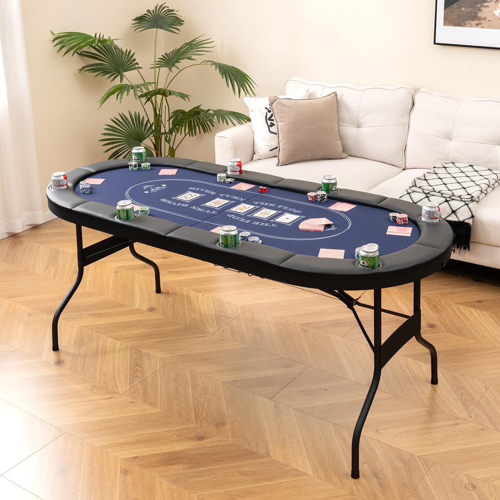 72” Poker Table Foldable, 8 Players Card Board Game Table w/Deep Metal Cup Holders