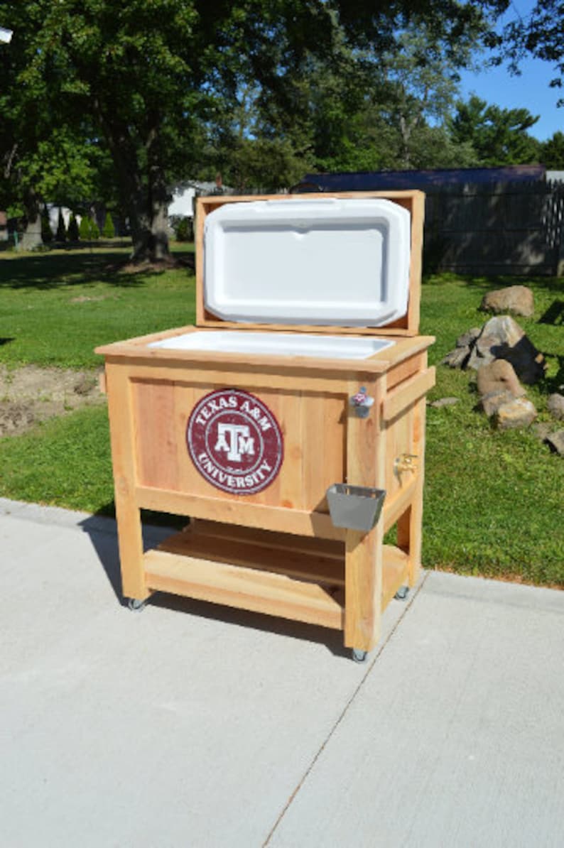 2025 All Weather 48 Quart Antiqued Cedar Cooler Stand with Brass Drain, Bottle Opener and Cap Catcher, Beer Cooler.
