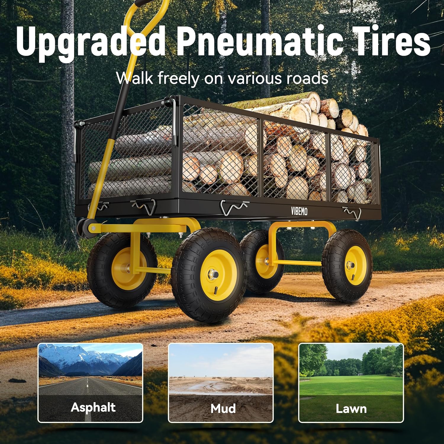 2025 Steel Garden Cart, 2-in-1 1400 lbs Heavy Duty Utility Wagon, with Removable Mesh Sides to Convert into Flatbed, 240° U-Turn 13" Pneumatic Tires Garden Wagon for Farm Yard Lawn Garden Camping