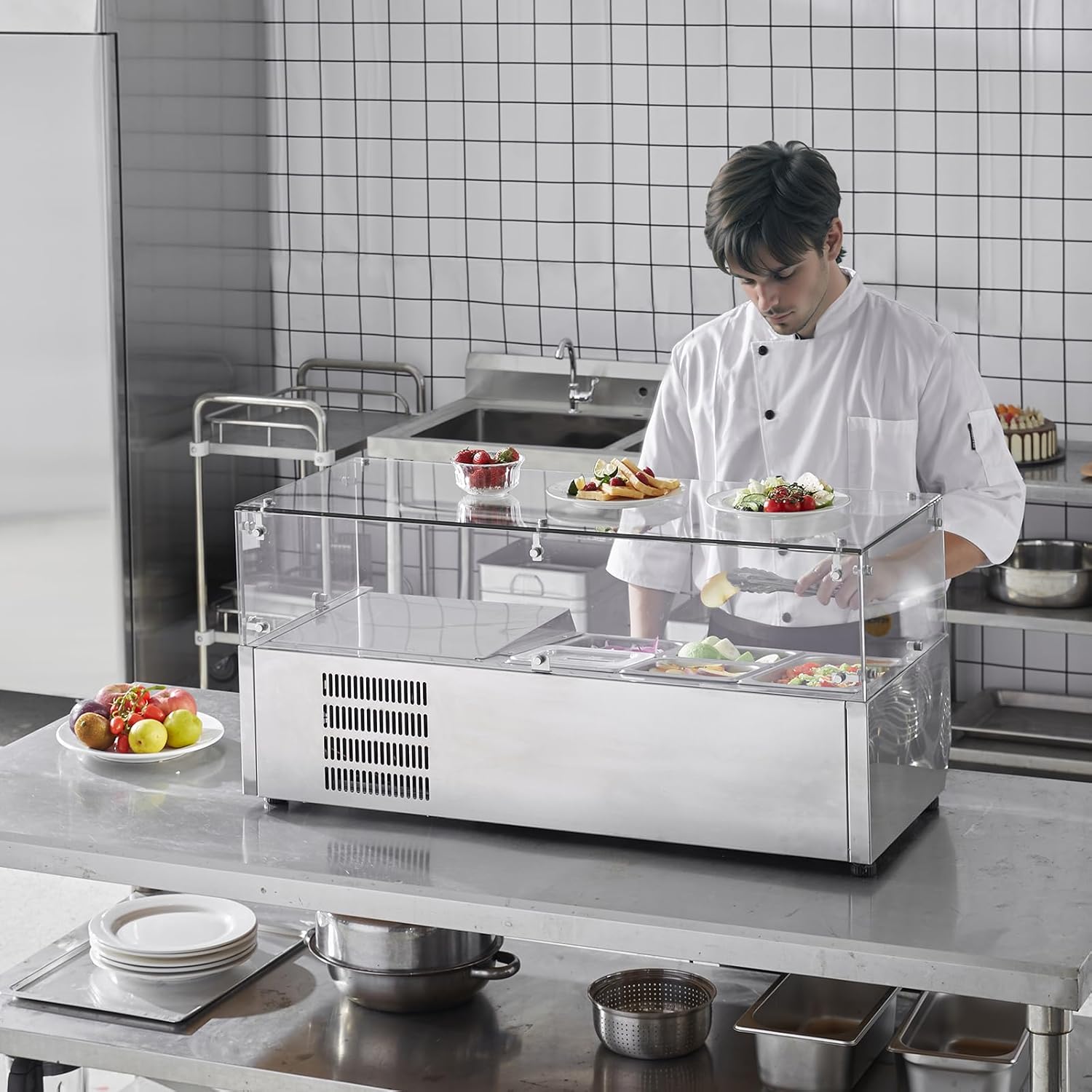 Refrigerated Condiment Prep Station, 135 W Countertop Refrigerated Condiment Station, with 2 1/3 Pans & 4 1/6 Pans, 304 Stainless Body and PC Lid, Sandwich Prep Table with Stainless Guard, ETL