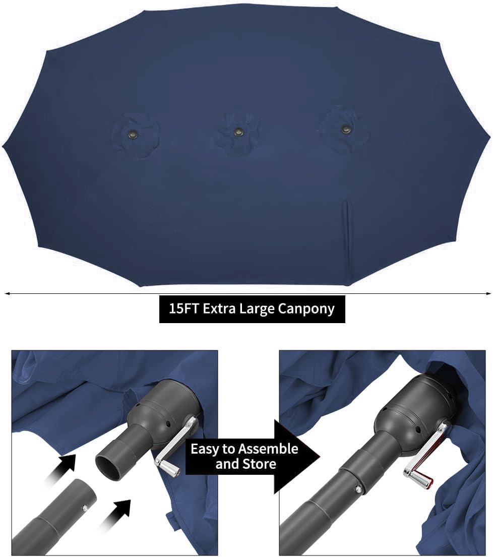 15ft Patio Umbrella with Solar Lights, Large Double Umbrella Outdoor, Rectangle 180''x106'' Umbrellas with 156 PCS LED Lights and Crank Handle for Backyard Deck Pool Shade in Black(1.9
