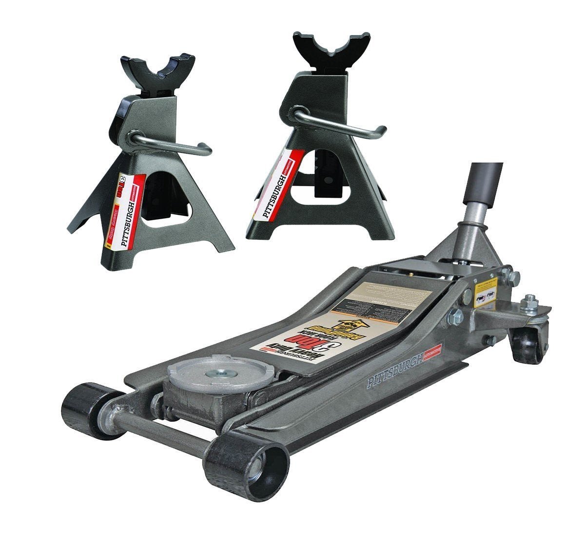 2024 Pittsburg 3 Ton Low Profile Floor Jack and Jack Stands Set Combo with Rapid Pump Quick Lift