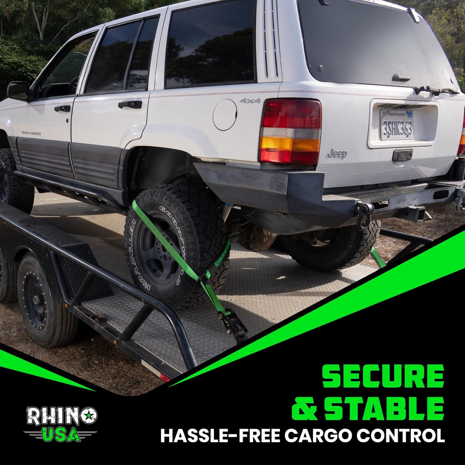 Car Tie Down Straps for Trailers with Flat Hooks (4-Pack) - 2 Inch x 8 Feet (10,000lb Break Strength) - Heavy Duty T-Handle Car Lasso Tire Straps for Trailer & UTV - Black