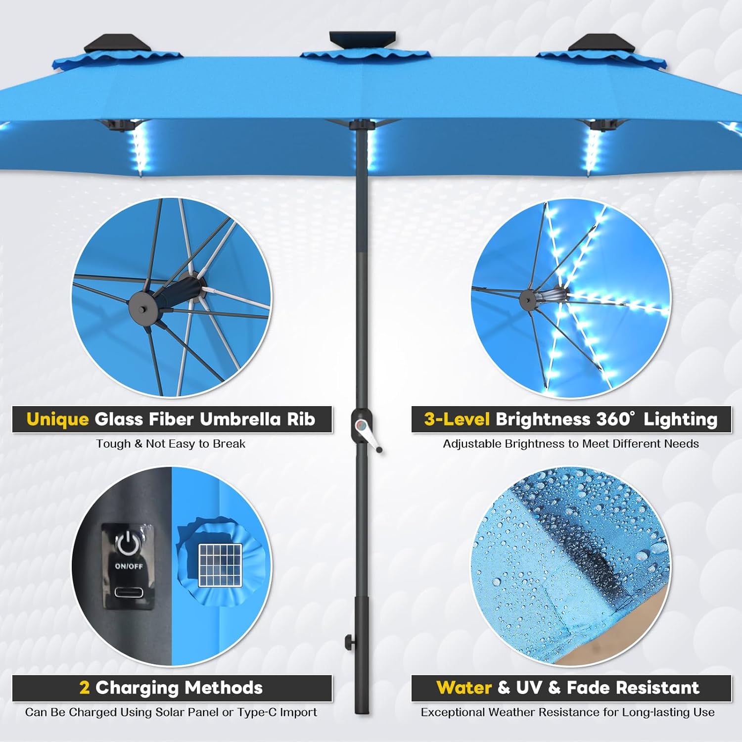 15ft Patio Umbrella with Solar Lights, Large Double Umbrella Outdoor, Rectangle 180''x106'' Umbrellas with 156 PCS LED Lights and Crank Handle for Backyard Deck Pool Shade in Black(1.9