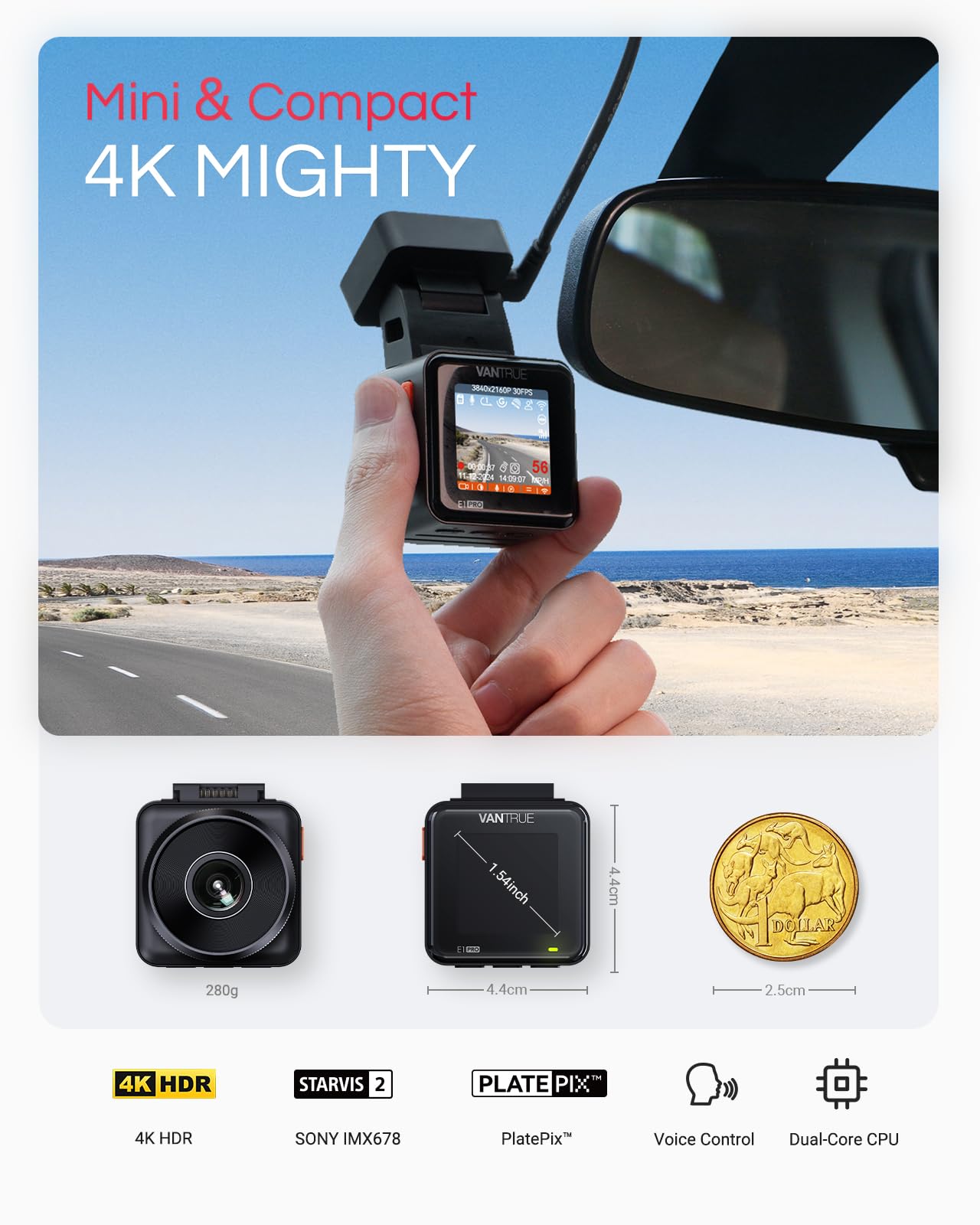 Vantrue E1 Pro 4K Mini Dash Cam Front, STARVIS 2 PlatePix HDR Night Vision