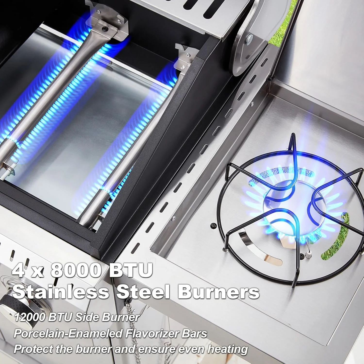 Upgraded 4 Burner BBQ Propane Gas Grill with Cast Iron Grates & Side Stove, 44,000 BTU Stainless Steel Burner Barbecue Grill for Patio, Camping, Outdoor Cooking.