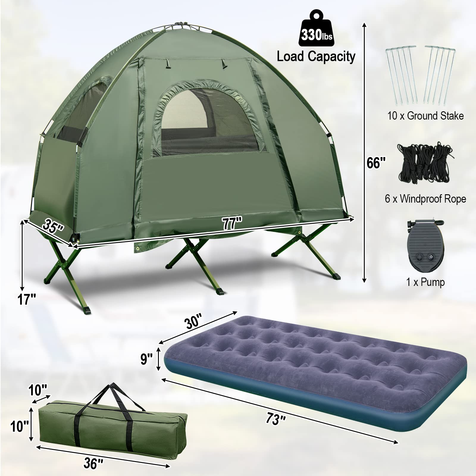 Camping Tent Cot, 5-in-1 Folding Camping Bed with Air Mattress, Pillow, Sleeping Bag