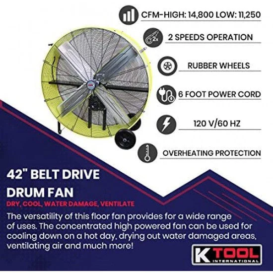 42′′ Belt Drive Drum Fan; Industrial, Garage, Shop, High Speed 2-Speed, Durable, Cut-Off Protection, Easy Mobility Rubber Wheels; SAFETY YELLOW.