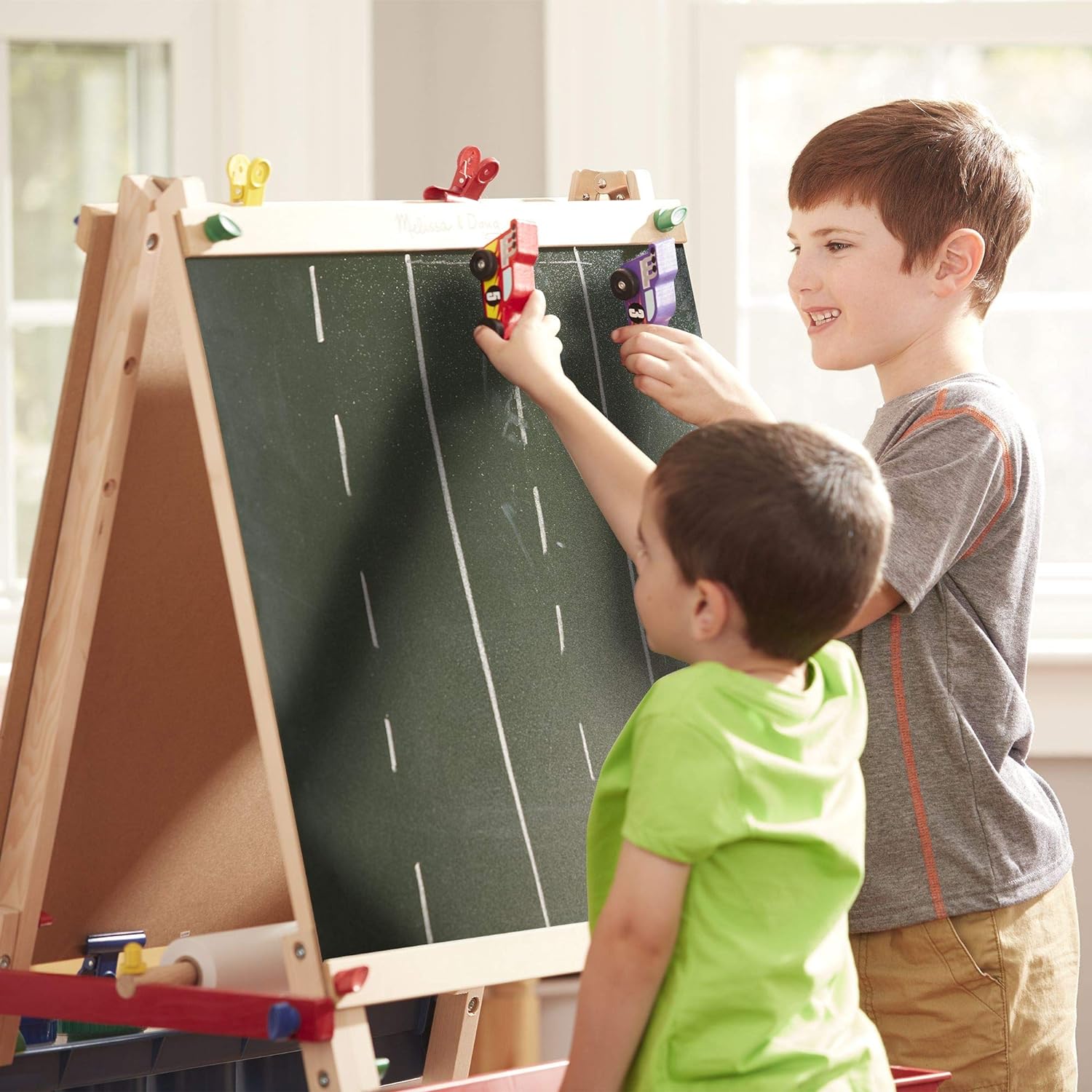 Deluxe Standing Art Easel - Ages 3 - 7, Dry Erase Board, Chalkboard, Rolling Paper Tube