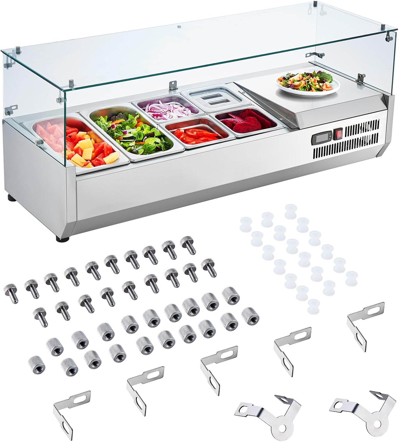 Refrigerated Condiment Prep Station, 135 W Countertop Refrigerated Condiment Station, with 2 1/3 Pans & 4 1/6 Pans, 304 Stainless Body and PC Lid, Sandwich Prep Table with Stainless Guard, ETL