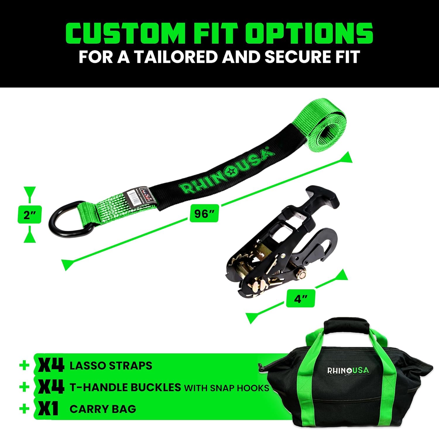 Car Tie Down Straps for Trailers with Flat Hooks (4-Pack) - 2 Inch x 8 Feet (10,000lb Break Strength) - Heavy Duty T-Handle Car Lasso Tire Straps for Trailer & UTV - Black