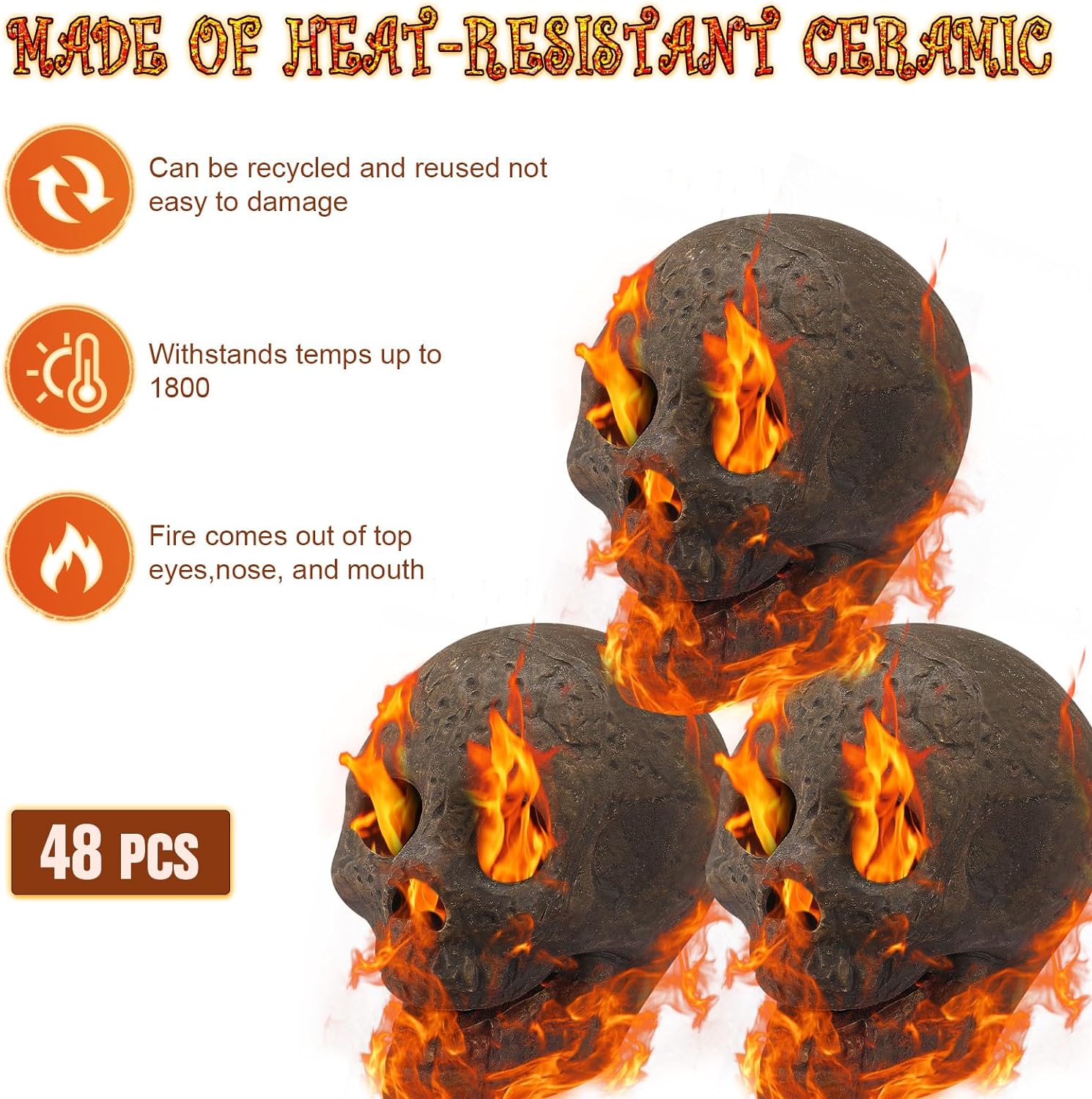 2025 48-Pack Fire Pit Skulls, Halloween Skull Stone Decorations