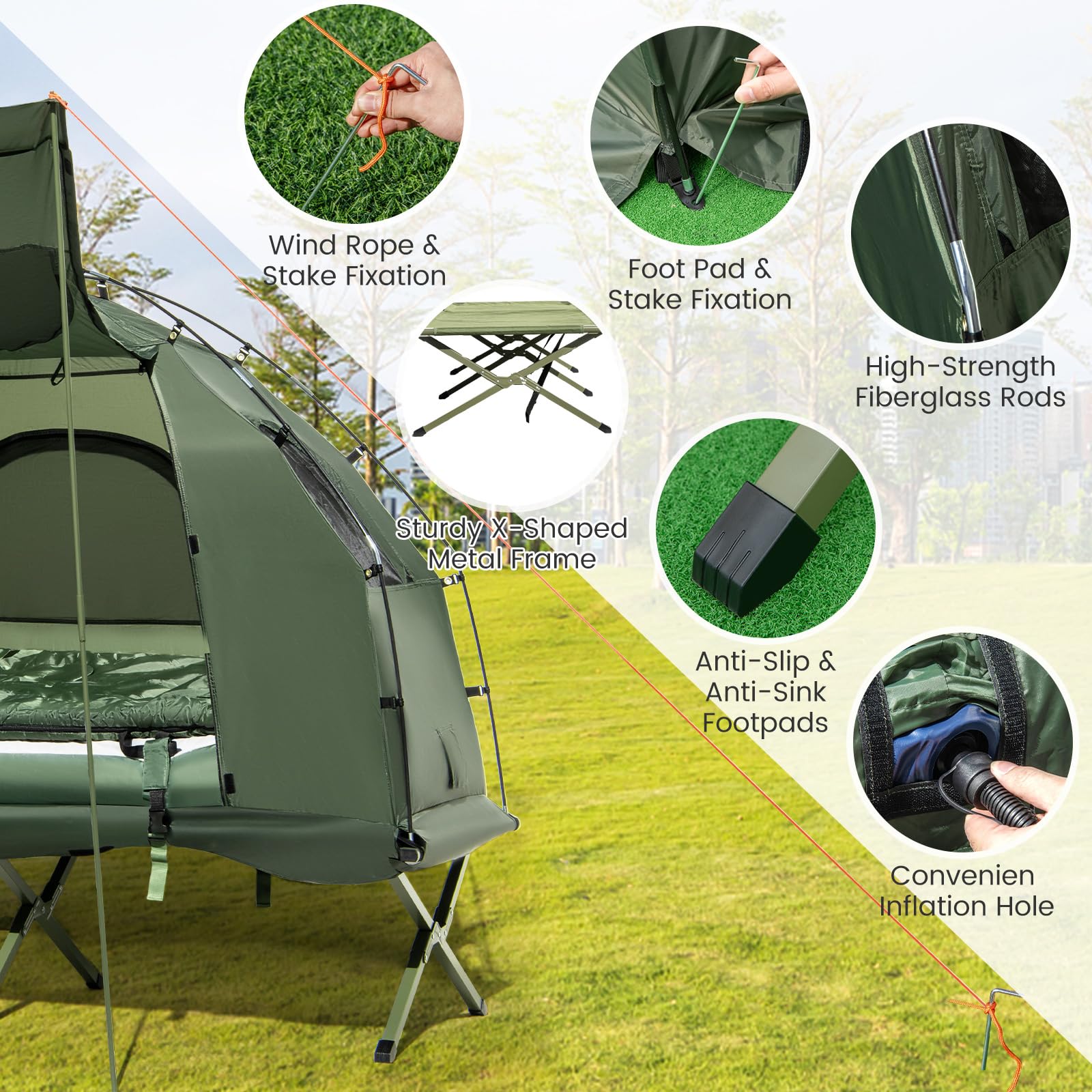 2025 Camping Tent Cot, 5-in-1 Folding Camping Bed with Air Mattress, Pillow, Sleeping Bag, Waterproof Elevated Tent Shelter