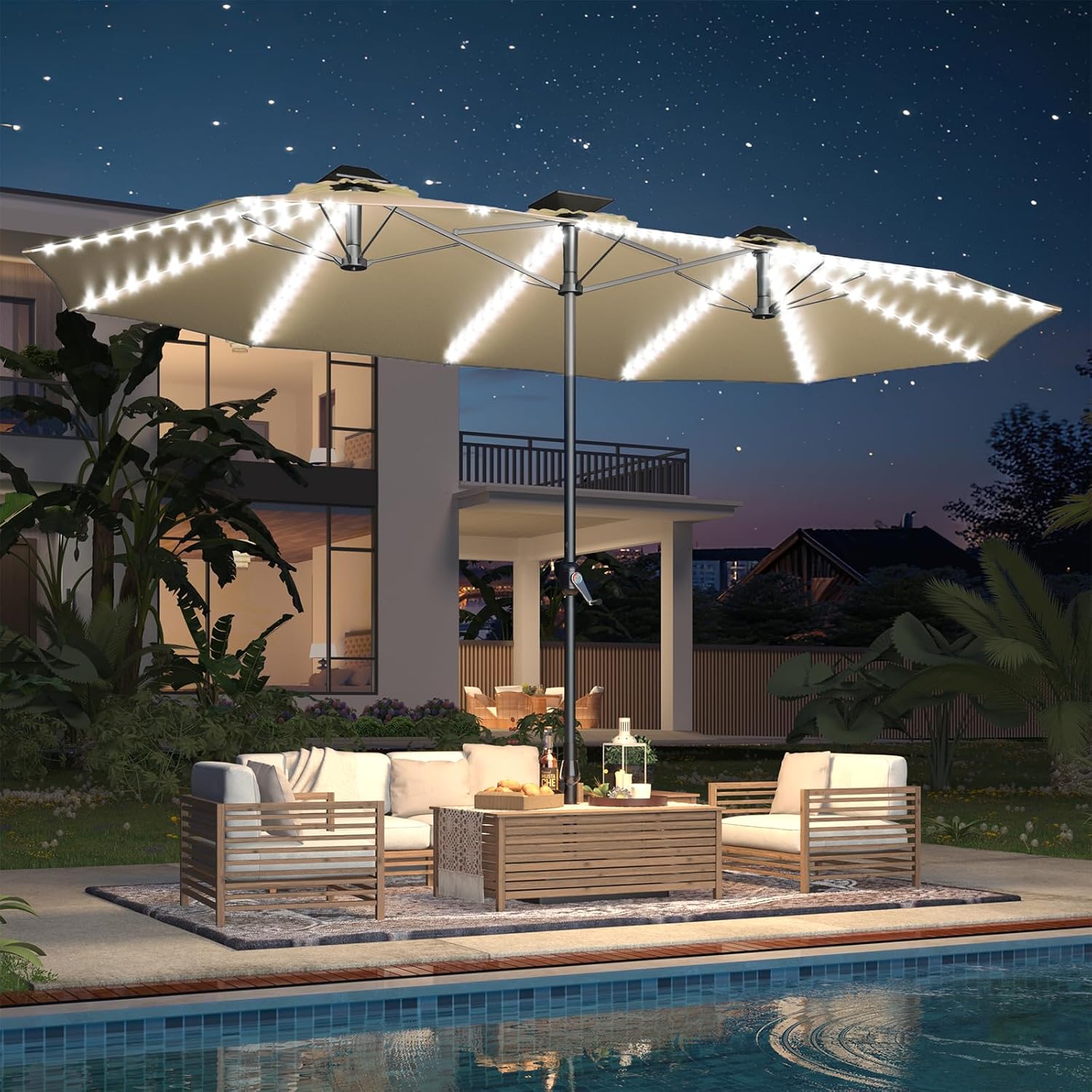 15ft Patio Umbrella with Solar Lights, Large Double Umbrella Outdoor, Rectangle 180''x106'' Umbrellas with 156 PCS LED Lights and Crank Handle for Backyard Deck Pool Shade in Black(1.9