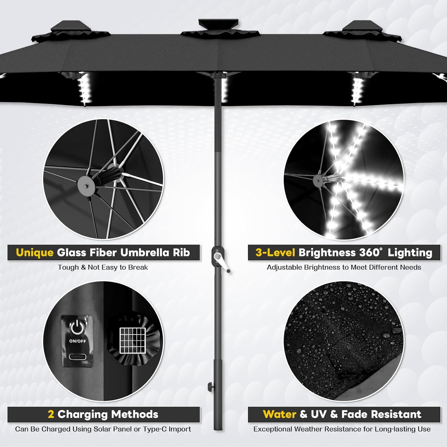 15ft Patio Umbrella with Solar Lights, Large Double Umbrella Outdoor, Rectangle 180''x106'' Umbrellas with 156 PCS LED Lights and Crank Handle for Backyard Deck Pool Shade in Black(1.9