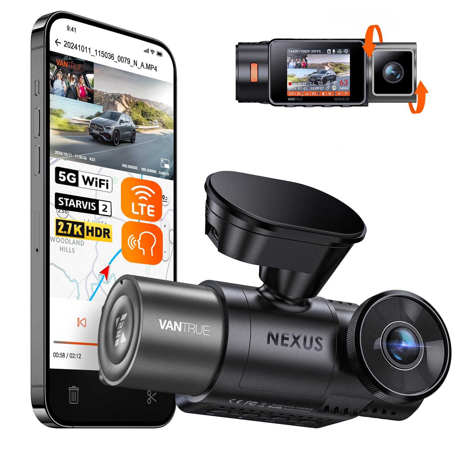 Vantrue N2X 2.7K Uber Dash Cam Front and Inside, 5G WiFi Dual Dash Camera
