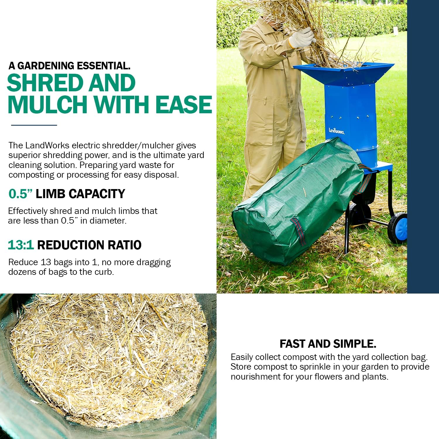 Landworks Leaf Mulcher Shredder Electric Green and Waste Management Heavy Duty 120V AC 11