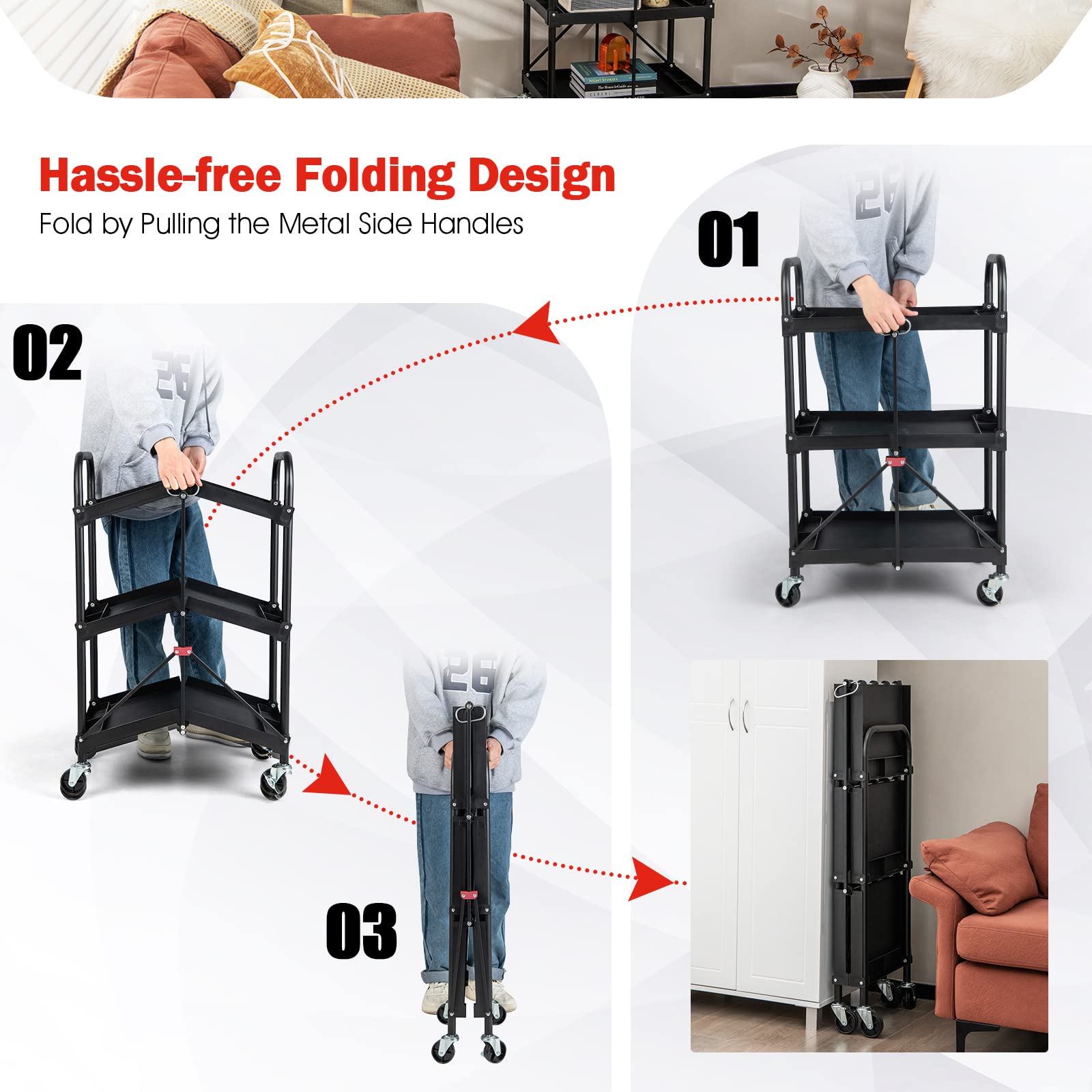 Folding Utility Cart, 3-Tier Rolling Tool Cart with Universal Wheels, 330 LBS Weight Capacity, Black