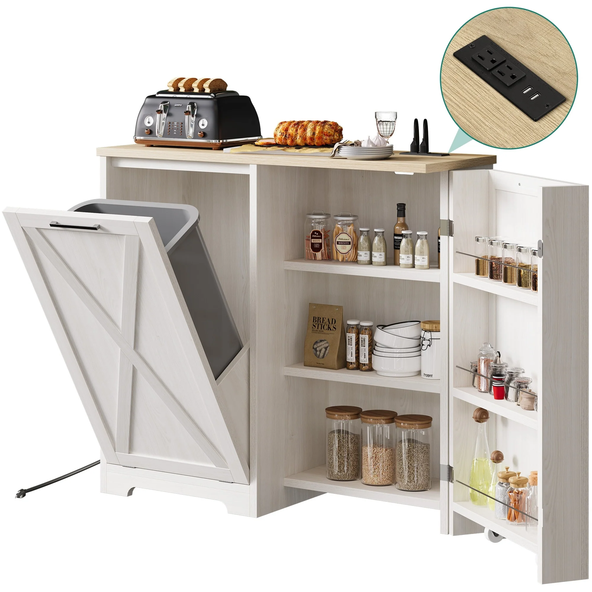 Moasis 13 Gallon Kitchen Tilt Out Trash Bin Cabinet with Power Outlet