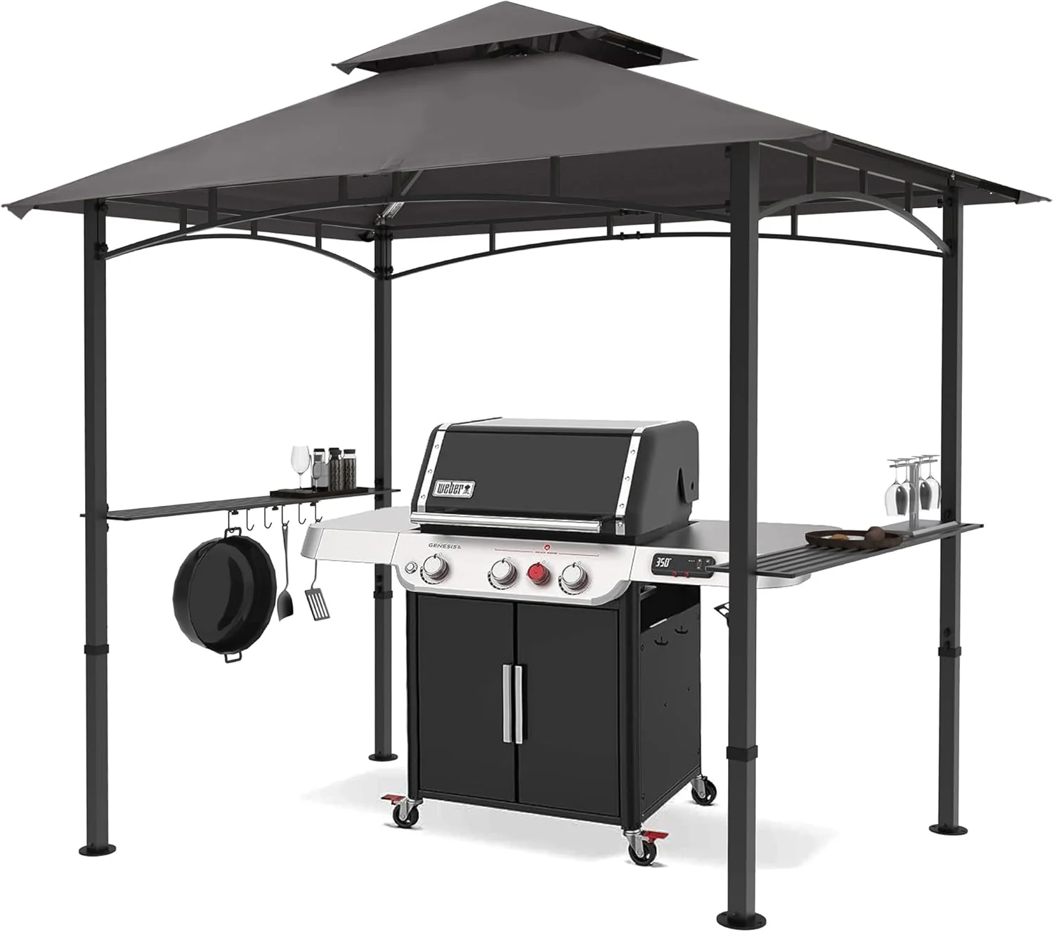 Bar pavilion-style outdoor barbecue shelter 8 feet by 5 feet, double-layer outdoor barbecue shelter canopy with LED lights (gray)