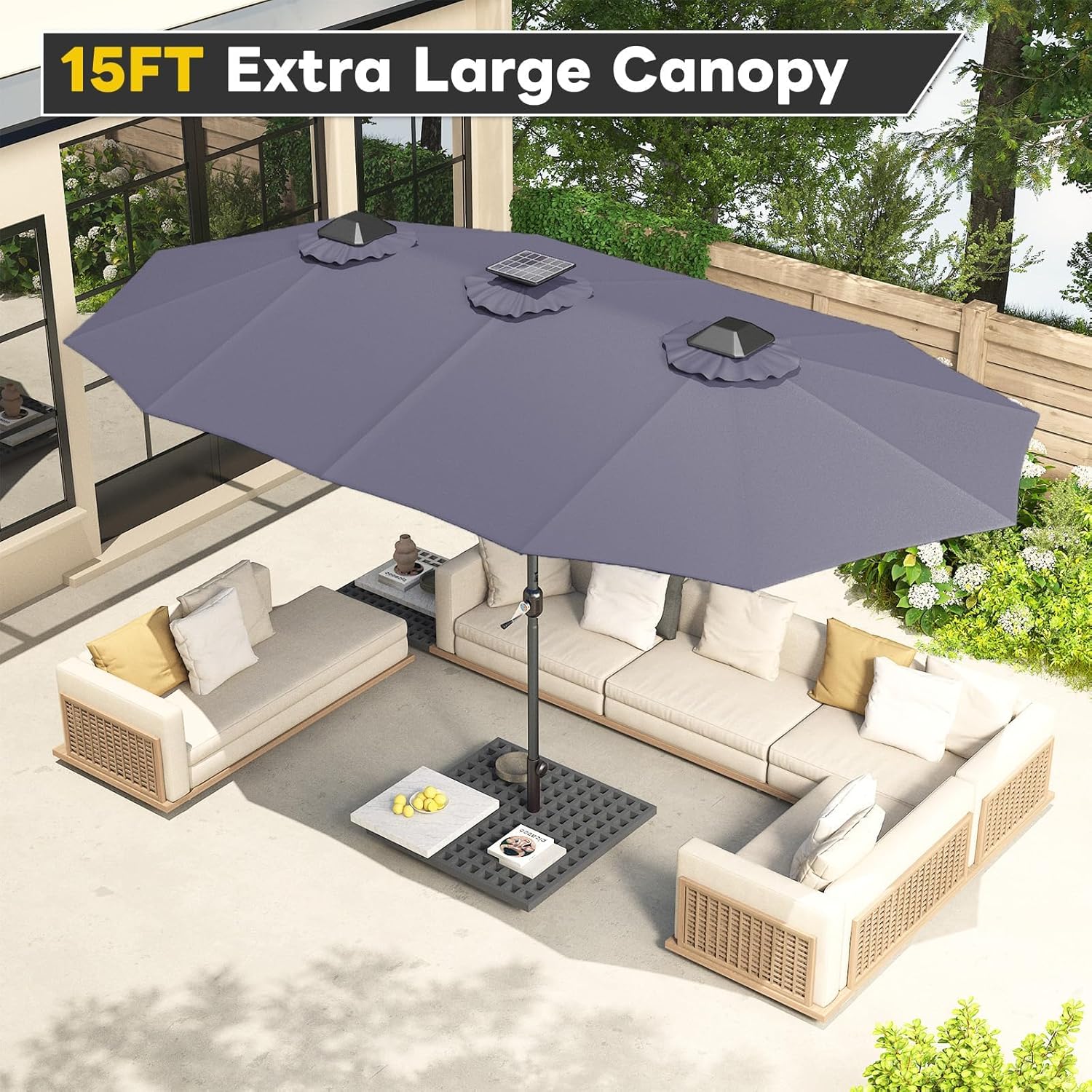 15ft Patio Umbrella with Solar Lights, Large Double Umbrella Outdoor, Rectangle 180''x106'' Umbrellas with 156 PCS LED Lights and Crank Handle for Backyard Deck Pool Shade in Black(1.9