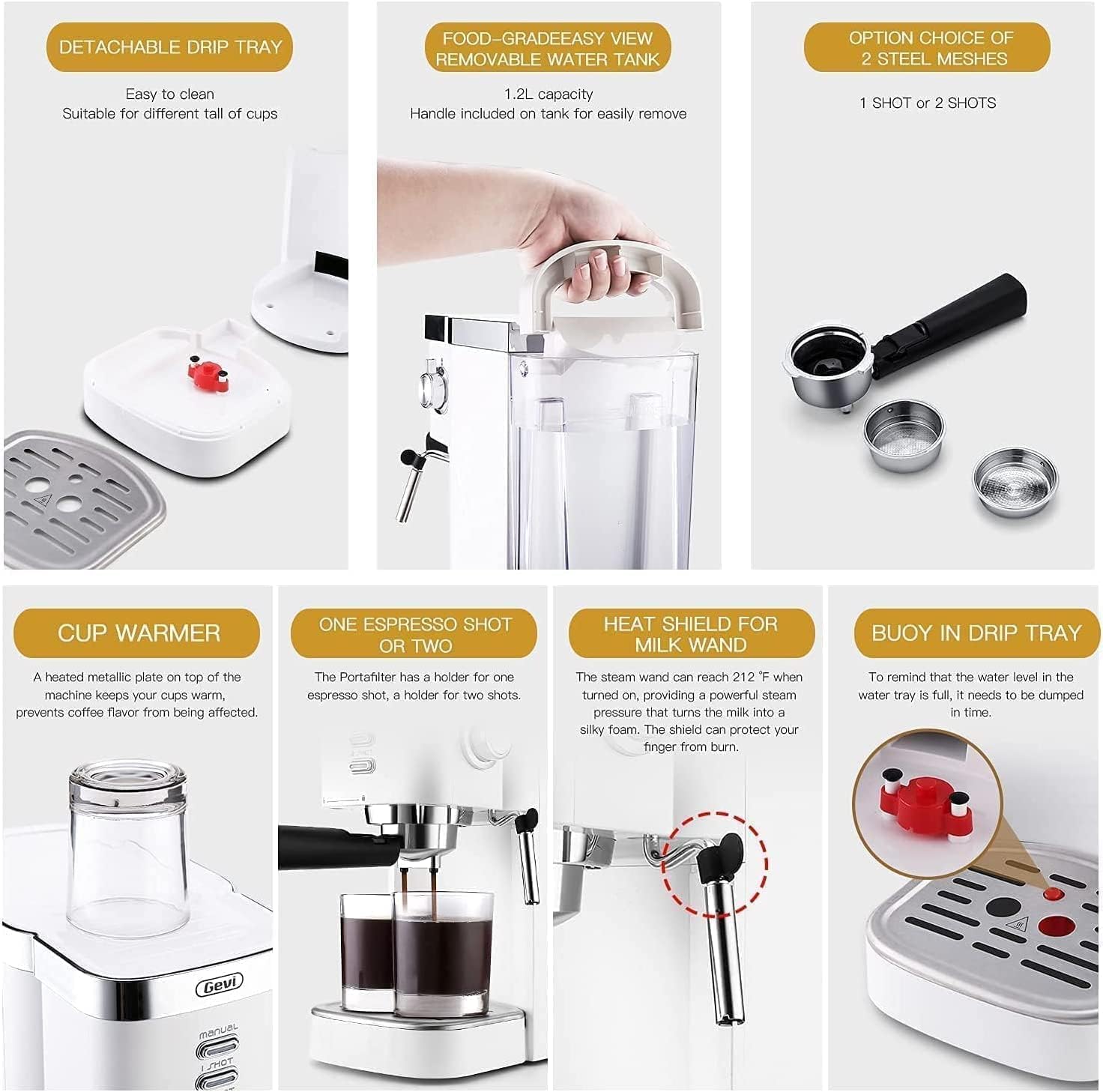 Espresso machine with milk frother, 1.2L water tank, 1350W