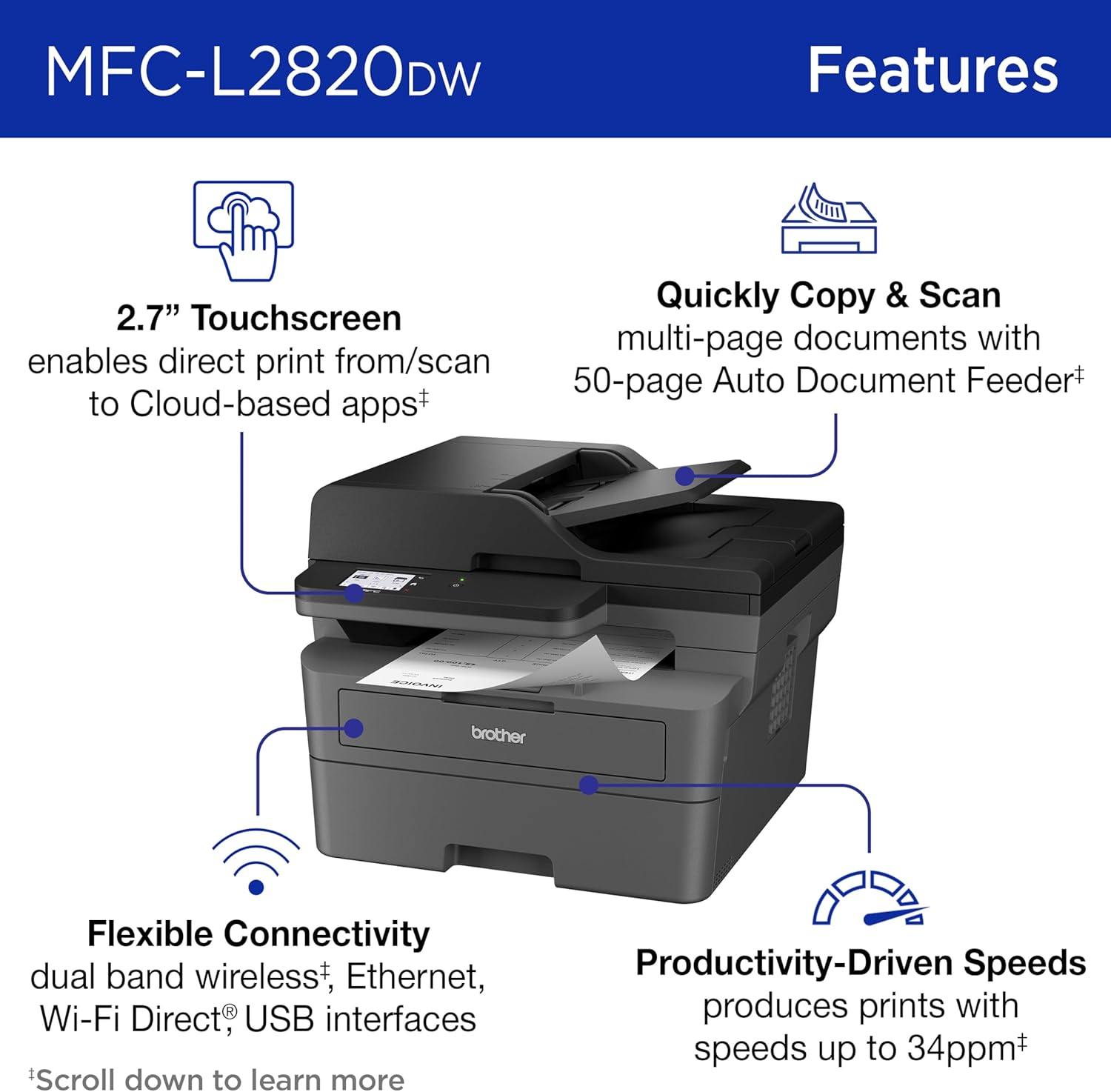 Mfc-L2820Dw Wireless Monochrome All-In-One Printer