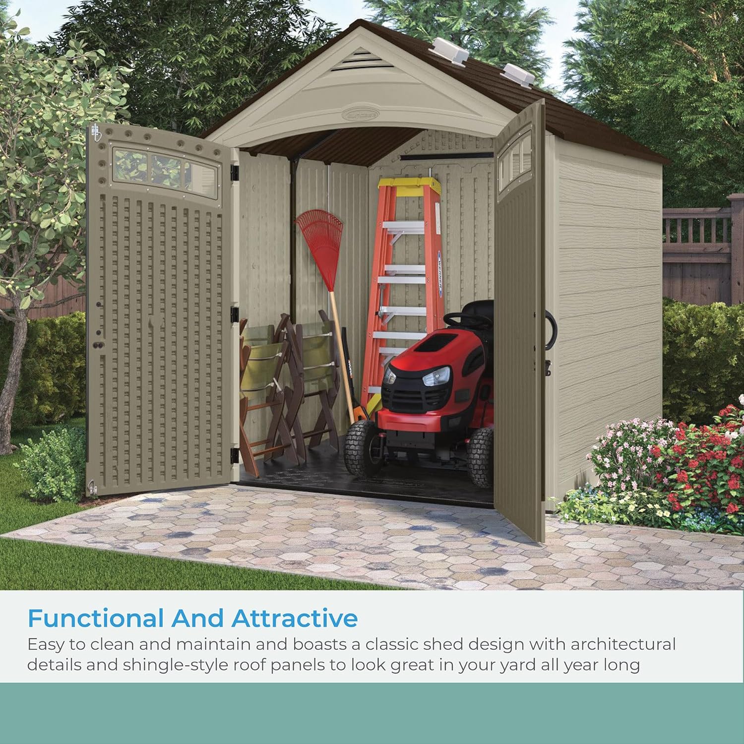 2025 Suncast Vista 7x7 Storage Shed with Multi-Wall Resin Panels, 4 Skylights, IllumiVent System, and Pad-Lockable Doors, 84