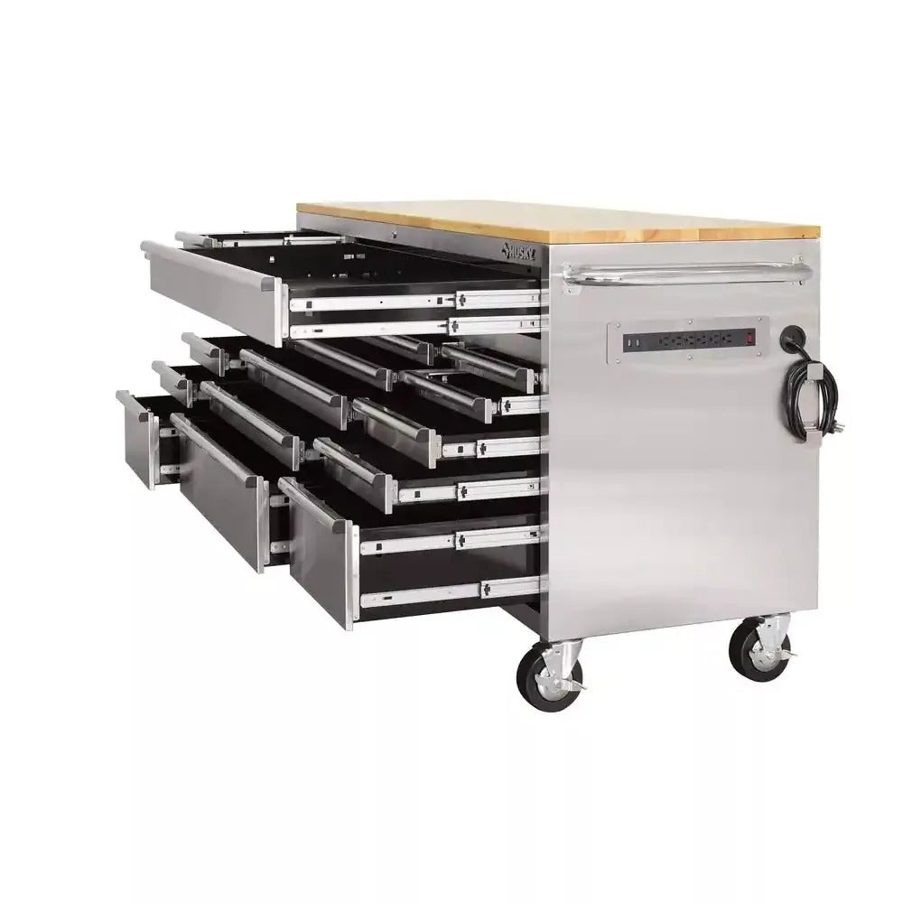 2025 72 in 18-Drawer 24 in. D Mobile Workbench with Solid Wood Top Stainless Steel