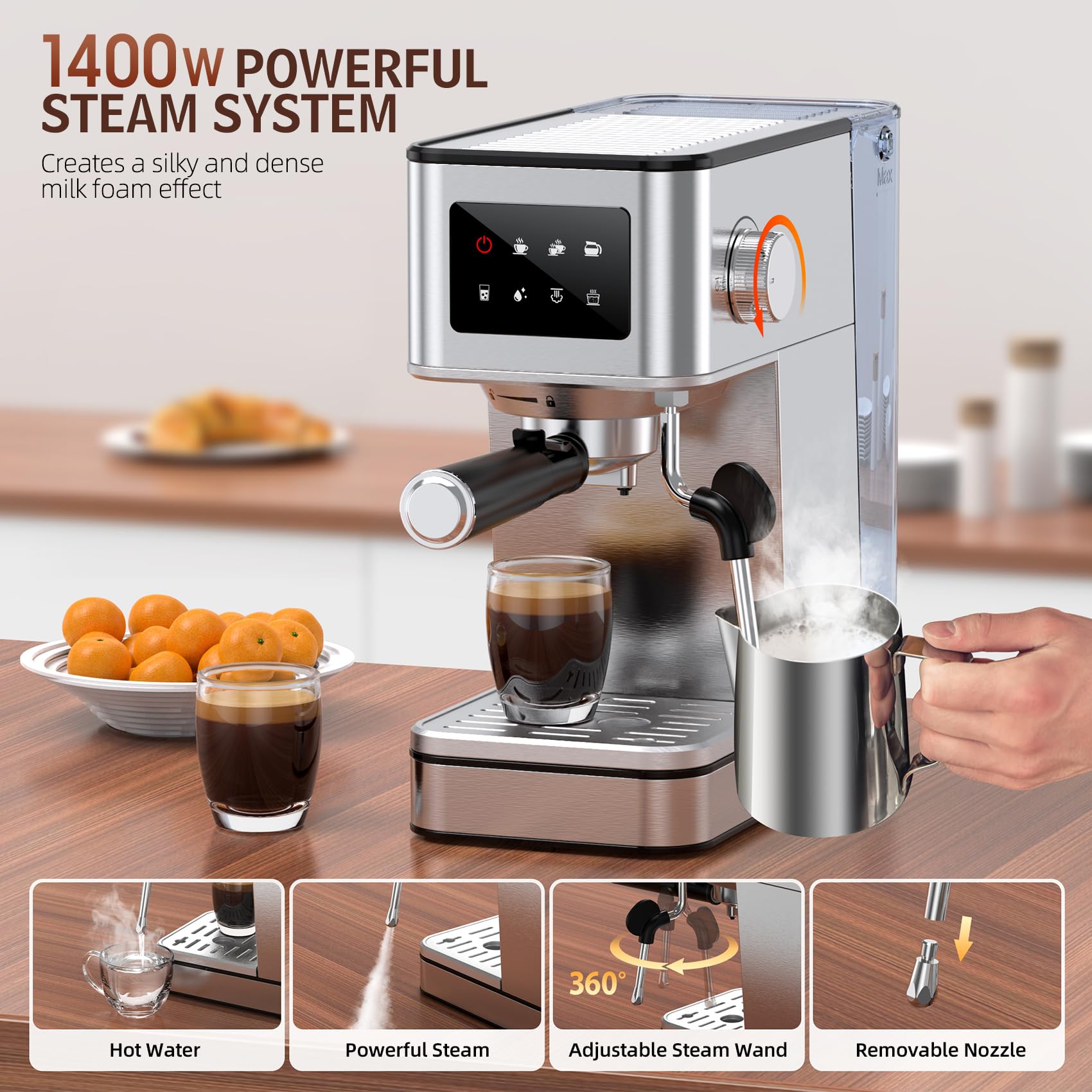 QJA Espresso Machine, 20 Bar Compact Espresso Maker