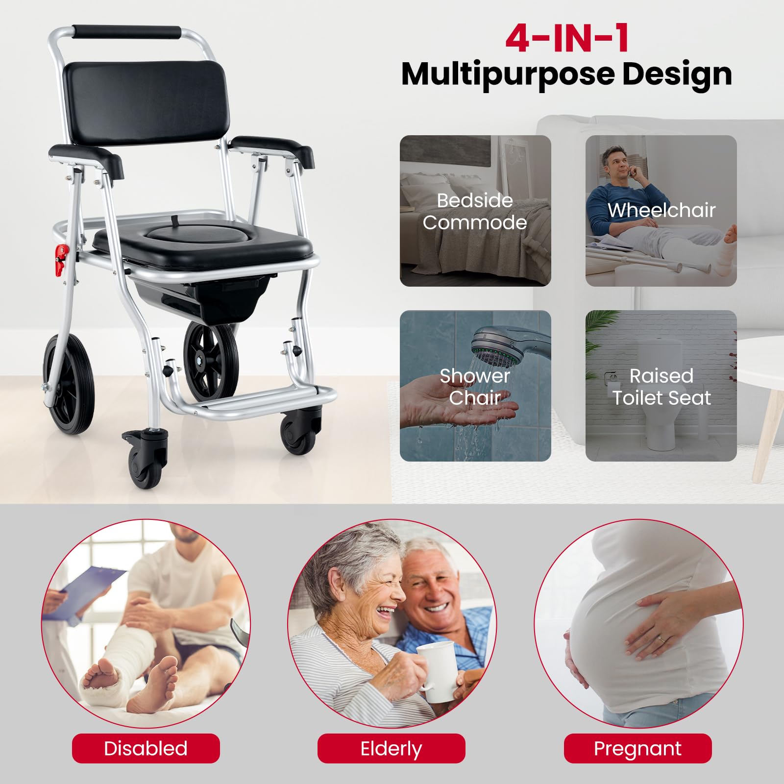 4 in 1 Shower Commode Wheelchair, 330lbs Foldable Bedside Commode Chair for Toilet with Arms