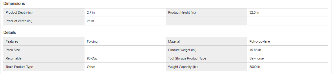 230710 32 in. Polypropylene Folding Sawhorse with Adjustable Metal Legs