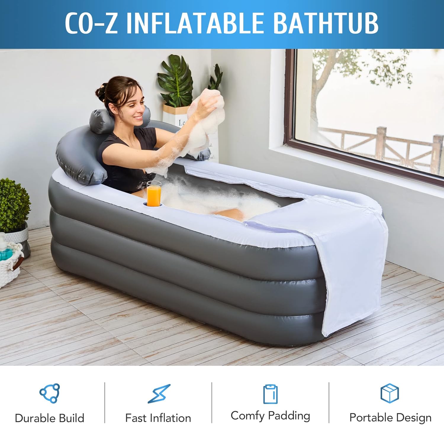 Inflatable Adult Bath Tub, Free-Standing Blow Up Bathtub with Foldable Portable Feature for Adult Spa with Electric Air Pump (High-Density PVC)