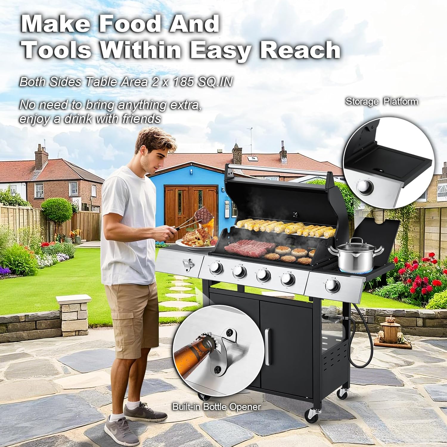 Upgraded 4 Burner BBQ Propane Gas Grill with Cast Iron Grates & Side Stove, 44,000 BTU Stainless Steel Burner Barbecue Grill for Patio, Camping, Outdoor Cooking.