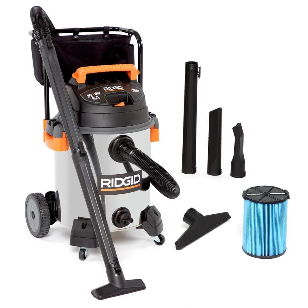 RIDGID 16 Gallon 6.5 Peak HP Stainless Steel Wet/Dry Shop Vacuum with Fine Dust Filter, Locking Hose and Accessories WD1956