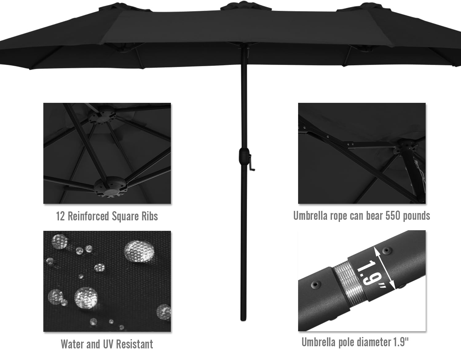 15ft Patio Umbrella with Solar Lights, Large Double Umbrella Outdoor, Rectangle 180''x106'' Umbrellas with 156 PCS LED Lights and Crank Handle for Backyard Deck Pool Shade in Black(1.9