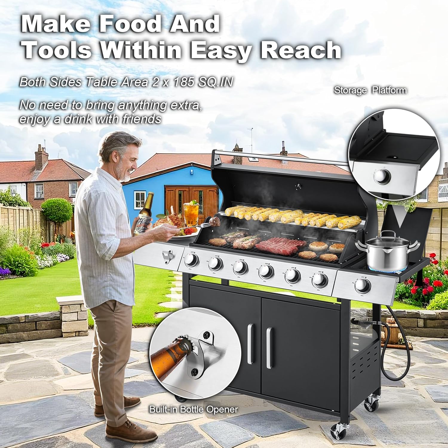 Upgraded 4 Burner BBQ Propane Gas Grill with Cast Iron Grates & Side Stove, 44,000 BTU Stainless Steel Burner Barbecue Grill for Patio, Camping, Outdoor Cooking.