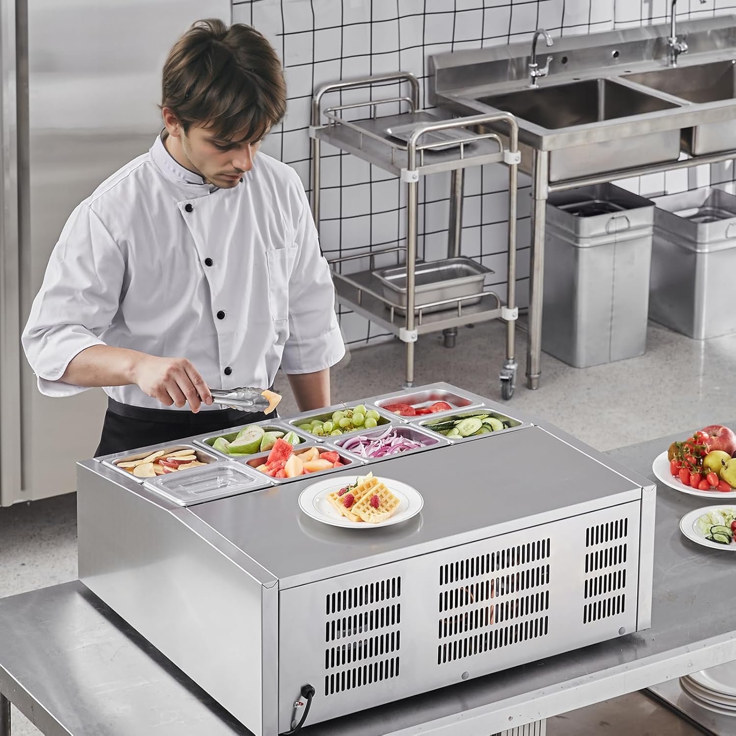 Refrigerated Condiment Prep Station, 135 W Countertop Refrigerated Condiment Station, with 2 1/3 Pans & 4 1/6 Pans, 304 Stainless Body and PC Lid, Sandwich Prep Table with Stainless Guard, ETL