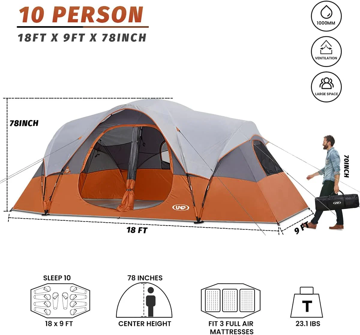 Camping Tent 10-Person-Family Tents, Parties, Music Festival Tent, Big, Easy Up, 5 Large Mesh Windows, Double Layer, 2 Room, Waterproof, Weather Resistant, 18ft x 9ft x78in