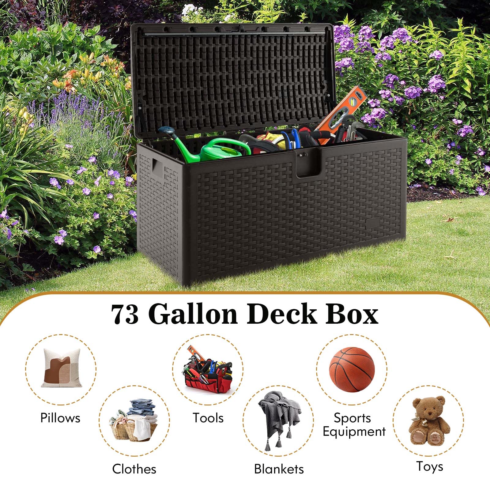 Outdoor Storage Box, 31 73 100 Gallon Waterproof Resin Patio Storage Box with Lockable Lid, Side Handle for Pillows, Cushions