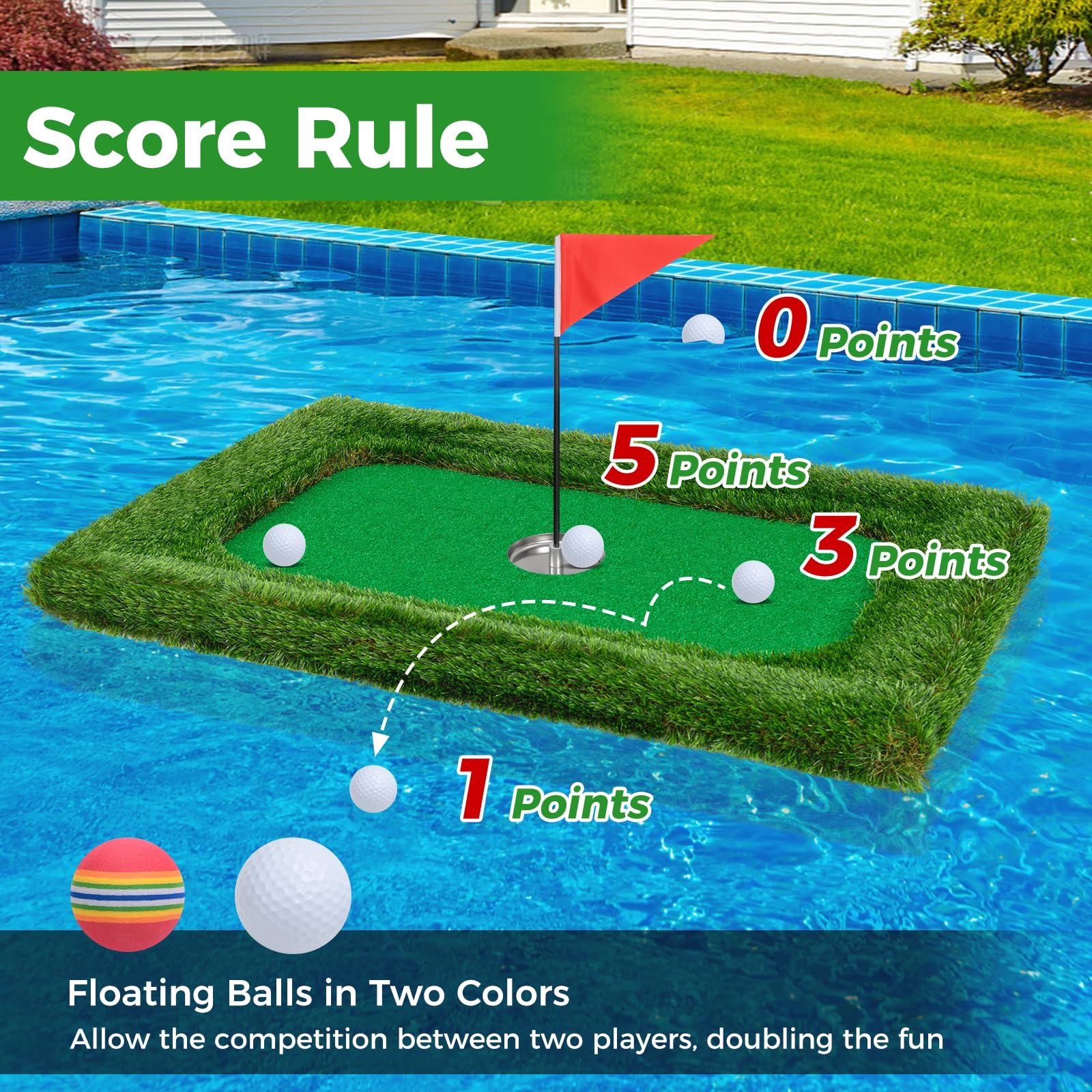 Floating Golf Green for Pool, Chipping Green Mat w/Hitting Mat, Golf Balls, Rectangle, 37.5