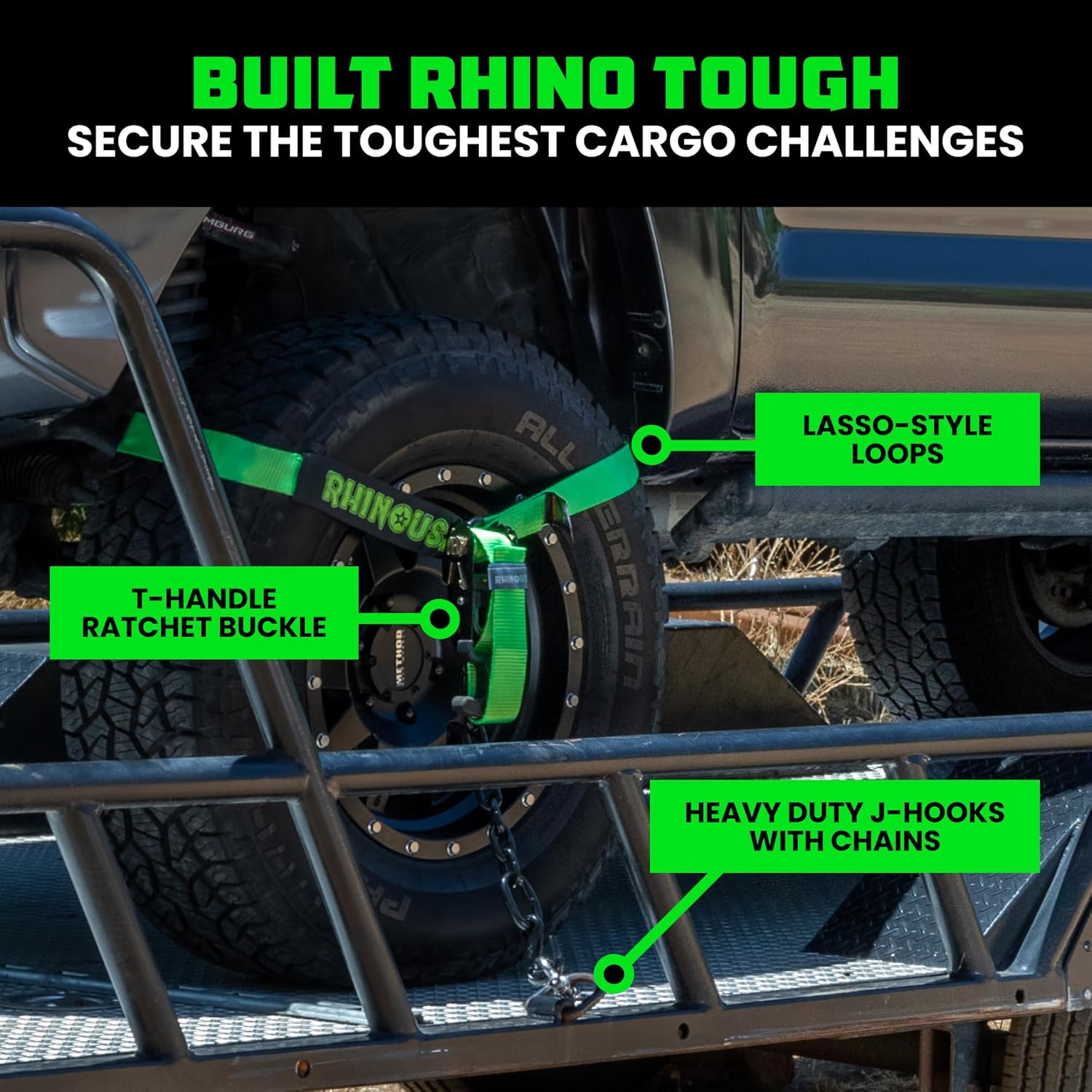 Car Tie Down Straps for Trailers with Flat Hooks (4-Pack) - 2 Inch x 8 Feet (10,000lb Break Strength) - Heavy Duty T-Handle Car Lasso Tire Straps for Trailer & UTV - Black