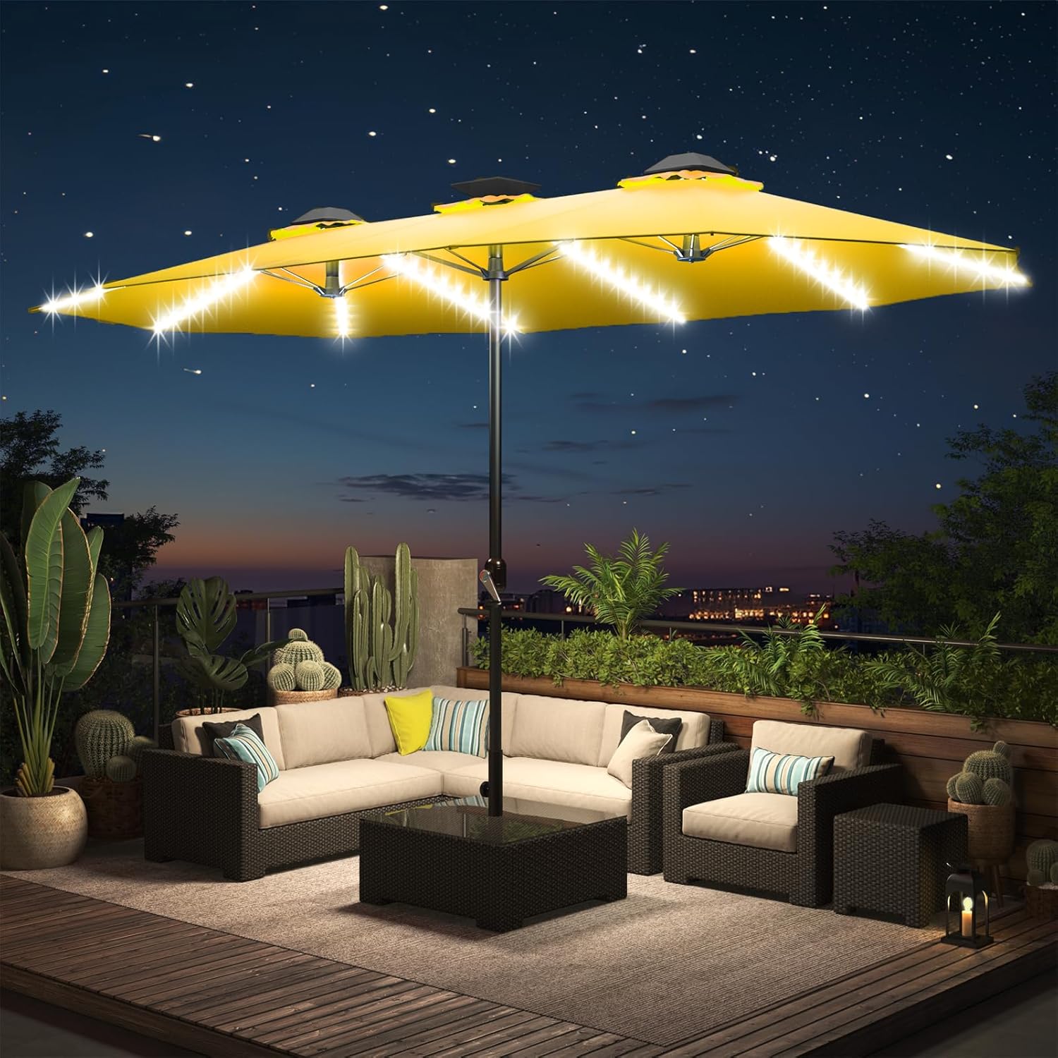 15ft Patio Umbrella with Solar Lights, Large Double Umbrella Outdoor, Rectangle 180''x106'' Umbrellas with 156 PCS LED Lights and Crank Handle for Backyard Deck Pool Shade in Black(1.9