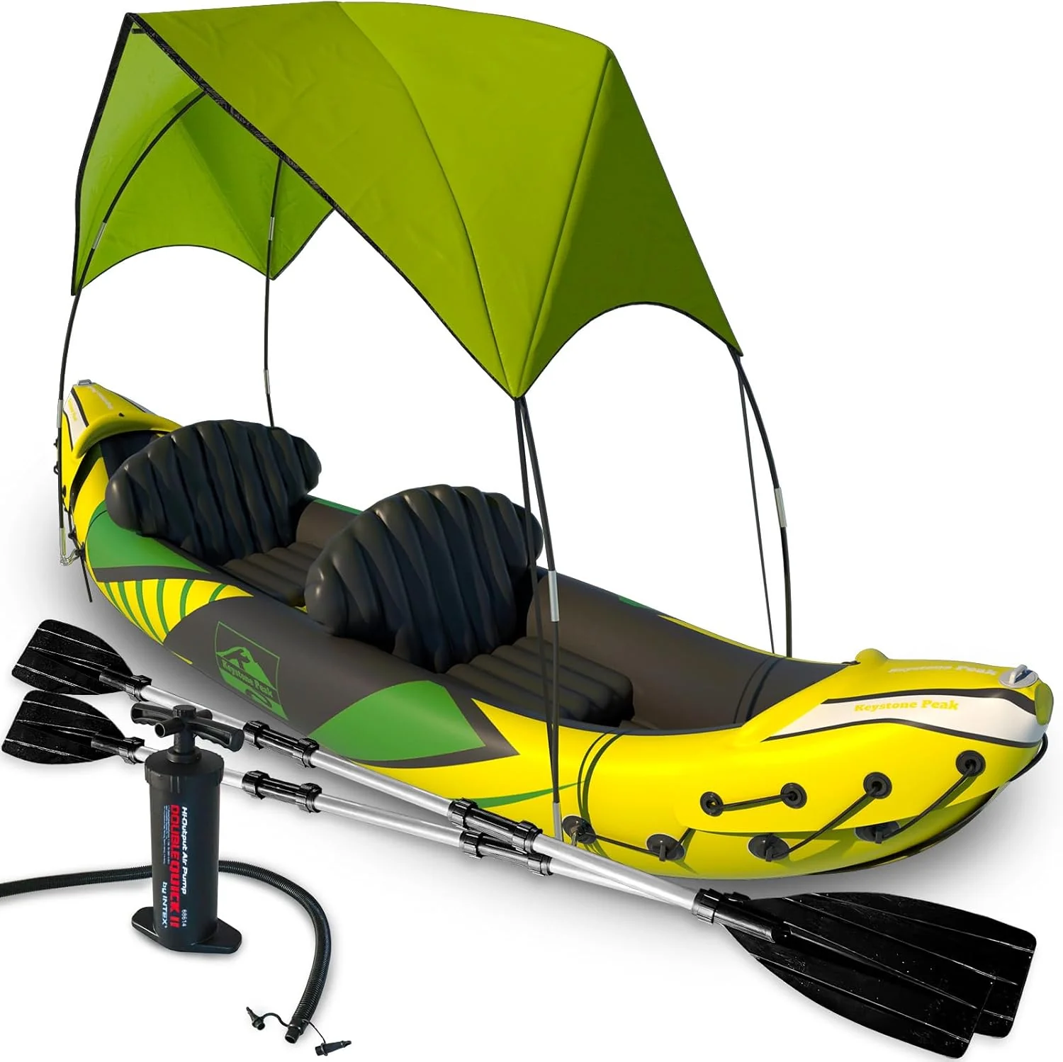 Inflatable Kayak 2 Person with Sun Canopy (Detachable) + Kayaks for Adults + 3rd Seat for Dog/Child + Waterproof Phone Bags + Adjustable Seats + Kayak + Backrests & More + New 2024 + Yellow Green